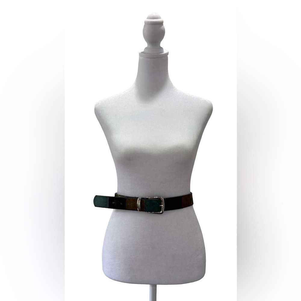 Vintage 90s-era patchwork suede/leather belt silver buckle green blue brown